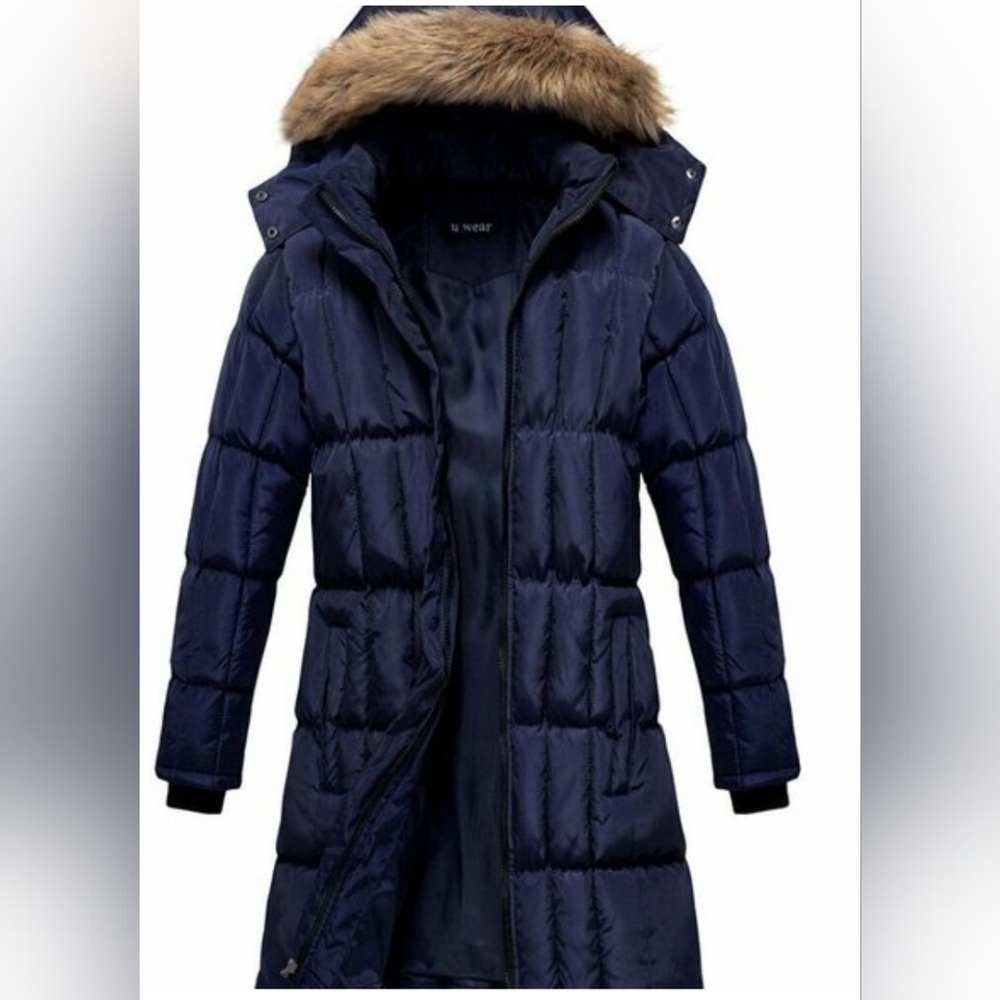 U2 Wear Me Out Long Navy Puffer Coat with Faux Fur Hood